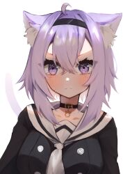 Rule 34 | 1girl, absurdres, ahoge, animal ears, blush, cat ears, cat girl, cat tail, choker, commentary request, crossed bangs, crying, crying with eyes open, hair between eyes, hairband, highres, hololive, looking at viewer, mashiro io, neckerchief, nekomata okayu, nekomata okayu (casual), purple eyes, purple hair, sailor collar, solo, tail, tears, upper body, virtual youtuber, white neckerchief, white sailor collar