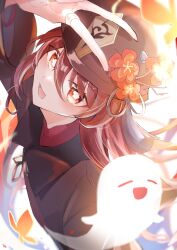 Rule 34 | 1girl, black headwear, black jacket, brown hair, bug, butterfly, eunice pf, flat chest, flower, flower-shaped pupils, genshin impact, ghost, highres, hu tao (genshin impact), insect, jacket, long hair, looking at viewer, open mouth, orange butterfly, red eyes, red flower, red undershirt, solo, sunlight, symbol-shaped pupils, v, very long hair