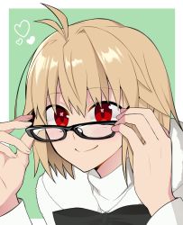 Rule 34 | 1girl, antenna hair, arcueid brunestud, black-framed eyewear, black bow, blonde hair, blush, border, bow, bowtie, closed mouth, commentary request, glasses, green background, hands on eyewear, heart, highres, hirakawa, long sleeves, looking at viewer, outside border, red eyes, short hair, simple background, single hair intake, smile, solo, tsukihime, tsukihime (remake), turtleneck, upper body, white border