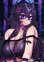 Rule 34 | 1girl, :&lt;, absurdres, ahoge, bandaid, bandaid on arm, bare shoulders, bikini, black bikini, blurry, blurry background, breasts, church, cleavage, closed mouth, collar, collarbone, cross, cross necklace, curvy, depth of field, expressionless, fishnet top, fishnets, goth fashion, hair between eyes, hair ornament, hairclip, heart, heart hair ornament, highres, jewelry, large breasts, light particles, long hair, looking at viewer, necklace, nyarla (osiimi), o-ring, o-ring bikini, original, osiimi, purple collar, purple eyes, purple hair, revealing clothes, ringed eyes, sidelocks, solo, swimsuit, upper body
