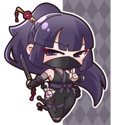 Rule 34 | 1girl, absurdly long hair, absurdres, argyle, argyle background, black kimono, black pants, bridal gauntlets, chibi, commentary request, fishnets, floating hair, full body, grey background, hair ornament, hair stick, highres, holding, holding sword, holding weapon, japanese clothes, kimono, kuji-in, long hair, looking at viewer, mask, mouth mask, ninja, original, outline, pants, ponytail, purple eyes, purple hair, saishosaisekojo, solo, sword, very long hair, weapon, weapon request, white background, white outline