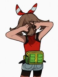 Rule 34 | 1girl, adjusting hair, bare arms, bike shorts, brown hair, commentary request, cowboy shot, creatures (company), elizabeth (tomas21), fanny pack, from behind, game freak, hair tie, hands up, highres, holding, may (pokemon), medium hair, nintendo, pokemon, pokemon oras, red shirt, shirt, shorts, simple background, sleeveless, sleeveless shirt, solo, white background, yellow bag