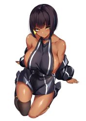 Rule 34 | 1girl, bare shoulders, black dress, black footwear, black hair, black jacket, black thighhighs, blush, bob cut, boots, breasts, choker, closed mouth, collarbone, dark-skinned female, dark skin, dress, facial mark, highres, jacket, large breasts, long sleeves, looking at viewer, off shoulder, open clothes, open jacket, original, short dress, short hair, sideboob, simple background, single thighhigh, smile, solo, spider apple, thighhighs, thighs, white background, yellow eyes