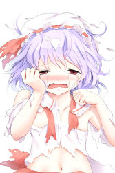 Rule 34 | 1girl, bad id, bad pixiv id, blush, clenched hands, commentary request, crying, crying with eyes open, fangs, hand on own face, hat, highres, lely, light purple hair, midriff, mob cap, navel, open mouth, red eyes, remilia scarlet, shirt, short hair, simple background, slit pupils, solo, tears, torn clothes, torn hat, torn ribbon, torn shirt, torn sleeves, touhou, upper body, white background