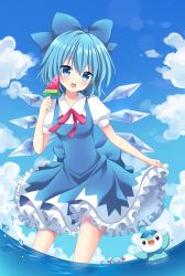 Rule 34 | 1girl, :d, bad id, bad pixiv id, blue dress, blue eyes, blue hair, blue sky, bow, bowtie, cirno, cloud, commentary request, cowboy shot, creatures (company), day, dress, food, frilled dress, frills, game freak, gen 2 pokemon, gen 4 pokemon, hair bow, ice, ice wings, looking at viewer, mayo (miyusa), nintendo, open mouth, piplup, pokemon, pokemon (creature), popsicle, puffy short sleeves, puffy sleeves, red bow, red bowtie, short hair, short sleeves, skirt hold, sky, smile, touhou, wading, water, water drop, watermelon bar, wings, wooper