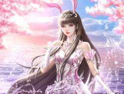 Rule 34 | 1girl, absurdres, animal ears, blue sky, brown hair, cherry blossoms, closed mouth, cloud, collar, douluo dalu, dress, expressionless, hair ornament, highres, long hair, looking at viewer, metal collar, outdoors, pink dress, pink eyes, rabbit ears, sky, solo, splashing, upper body, water, xiao wu (douluo dalu), zhu zai bamboos