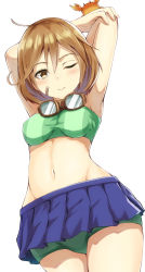 Rule 34 | 1girl, armpits, bandaid, bandaid on face, bikini, blue skirt, blush, bondo (borndragon), breasts, brown eyes, brown hair, crab, from below, green bikini, hair between eyes, highres, kantai collection, looking at viewer, miniskirt, oboro (kancolle), one eye closed, short hair, simple background, skirt, small breasts, solo, swimsuit, white background