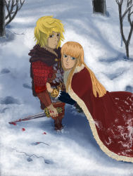 Rule 34 | 2boys, alternate costume, androgynous, armor, blonde hair, blood, blood on clothes, blood on hands, blue eyes, blunt bangs, boots, brown eyes, canute, cape, closed mouth, eyelashes, fur trim, highres, holding, holding sword, holding weapon, hug, long hair, male focus, multiple boys, outdoors, parted lips, prince, red cape, snow, sword, thorfinn, tree, viking, vinland saga, weapon
