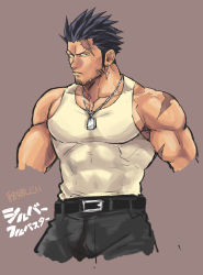 Rule 34 | 1boy, bara, black eyes, black hair, chun (luxtan), covered abs, cropped legs, facial hair, highres, large pectorals, male focus, manly, muscular, nipples, original, pectorals, scar, scar on face, short hair, sideburns, solo, stubble, tank top, white tank top