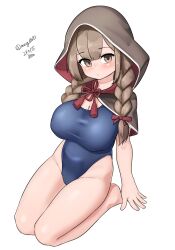 Rule 34 | 1girl, absurdres, blue one-piece swimsuit, braid, breasts, brown capelet, brown eyes, brown hair, capelet, competition school swimsuit, dated, highleg, highleg swimsuit, highres, hood, hood up, hooded capelet, kantai collection, large breasts, long hair, looking at viewer, maru (marg0613), one-hour drawing challenge, one-piece swimsuit, red ribbon, ribbon, school swimsuit, seiza, shinshuu maru (kancolle), simple background, sitting, solo, swimsuit, twin braids, twitter username, white background