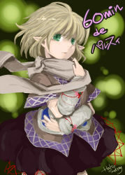Rule 34 | 1girl, arm around waist, arm warmers, blonde hair, blurry, bokeh, depth of field, faux traditional media, green eyes, haori, japanese clothes, lips, looking at viewer, miniskirt, mizuhashi parsee, multicolored background, pointy ears, sakurai haruto, scarf, short hair, skirt, skirt set, solo, standing, touhou, traditional clothes
