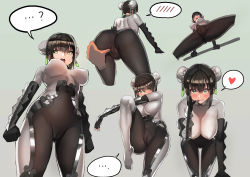 Rule 34 | ..., 1girl, absurdres, ass, bad id, bad pixiv id, black gloves, black hair, blush, bodysuit, breasts, cameltoe, character sheet, covered erect nipples, covered navel, double bun, elbow gloves, fate/grand order, fate (series), gloves, green background, green eyes, heart, highres, ihobus, looking at viewer, multiple views, open mouth, pussy, qin liangyu (fate), simple background, spoken ellipsis, spoken heart, spread ass, spread legs, spread pussy, spread pussy under clothes, teeth