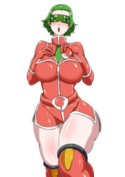 Rule 34 | 10s, 1girl, alternate color, belt, boots, breasts, bryony (pokemon), creatures (company), curvy, game freak, gloves, green-tinted eyewear, green hair, highres, hip focus, holding, holding poke ball, huge breasts, kanta (k n t r o), knees, latex, legs, lips, makeup, necktie, nintendo, open mouth, poke ball, pokemon, pokemon xy, shiny clothes, short hair, solo, team flare, thick thighs, thighs, tinted eyewear, visor, wide hips