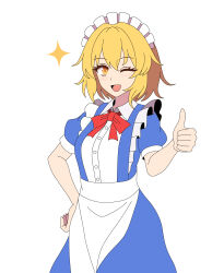 Rule 34 | 1girl, ;d, apron, blonde hair, blue dress, buttons, collared dress, commentary request, cowboy shot, dress, frilled dress, frills, hand on own hip, highres, maid, maid headdress, mugetsu (touhou), neck ribbon, one eye closed, open mouth, puffy sleeves, red ribbon, ribbon, simple background, smile, solo, sparkle, ssaf52913778, thumbs up, touhou, touhou (pc-98), waist apron, white apron, white background, yellow eyes
