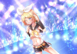 Rule 34 | 1girl, ;d, arm tattoo, bare shoulders, belt, black sailor collar, black shorts, blonde hair, blue eyes, blush, bow, breasts, brown belt, collarbone, commentary request, cowboy shot, crop top, detached sleeves, glowstick, groin, hair bow, hair ornament, hairclip, hand on headphones, headset, highres, kagamine rin, lens flare, light particles, midriff, minto yupo, navel, neckerchief, number tattoo, one eye closed, open mouth, parted bangs, sailor collar, shirt, short hair, short shorts, shorts, sidelocks, small breasts, smile, solo, stage, stage lights, standing, sweat, tattoo, teeth, vocaloid, white shirt, yellow neckerchief
