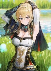 Rule 34 | 1girl, adjusting hair, armpits, arms up, bare shoulders, black capelet, black gloves, blonde hair, blue eyes, blurry, blurry background, breasts, capelet, cleavage, detached sleeves, genshin impact, gloves, grass, hair between eyes, hair intakes, jean (genshin impact), lake, large breasts, long hair, long sleeves, looking at viewer, ponytail, shirt, sidelocks, smile, solo, sonchi, tree, upper body, white shirt
