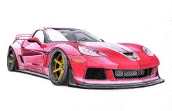 Rule 34 | chevrolet, chevrolet corvette, chevrolet corvette c6, colored pencil (medium), highres, no humans, original, red car, shadow, spoiler (automobile), stance (vehicle), sting custom, traditional media, vehicle focus, white background