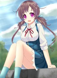 Rule 34 | 10s, 1girl, :d, aomi isara, breasts, brown hair, hair ribbon, highres, koi to senkyo to chocolate, large breasts, long hair, looking at viewer, low twintails, open mouth, purple eyes, ribbon, school uniform, sitting, smile, sogaya, solo, twintails, underbust