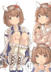 Rule 34 | 1girl, absurdres, alternate costume, animal ears, bandaid, bandaid on knee, bandaid on leg, blush, boots, braid, brown eyes, brown hair, casual, closed mouth, collarbone, commentary request, crown braid, eating, food, headband, highres, horse girl, jewelry, looking at viewer, medium hair, mom@mi, necklace, school uniform, simple background, sitting, smile, tracen school uniform, translation request, umamusume, white background, yukino bijin (umamusume)