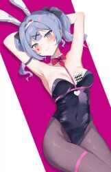 Rule 34 | 1girl, absurdres, animal ears, armpits, arms behind head, arms up, bare shoulders, black bow, black leotard, blue eyes, blue hair, blush, bow, breasts, brown pantyhose, card, closed mouth, collar, collarbone, commentary request, covered navel, detached collar, fake animal ears, hair bow, hair ornament, hairband, hairclip, hatsune miku, heart, highres, kurigura (sketch san), leotard, medium breasts, pantyhose, playboy bunny, playing card, purple background, rabbit ears, rabbit hole (vocaloid), skindentation, smile, solo, thigh strap, twintails, two-tone background, vocaloid, white background, white collar, white hairband, wing collar, x hair ornament
