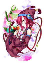 Rule 34 | 1girl, closed mouth, detached sleeves, flower, flower knight girl, hat, kuno touya, looking at viewer, magatama, multicolored background, one eye closed, pink eyes, purple hat, red hair, red ribbon, ribbon, short hair, smile, solo, upper body, waremokou (flower knight girl)