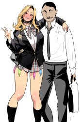 Rule 34 | 1boy, 1girl, age difference, bag, black socks, blazer, blonde hair, blush, bow, bowtie, choker, collared shirt, condom, condom belt, cowboy shot, faceless, faceless male, grey pupils, gyaru, hand on another&#039;s hip, hand on another&#039;s shoulder, hand on other hip, highres, implied after sex, jacket, long hair, looking at viewer, miniskirt, open mouth, pleated skirt, school uniform, shirt, simple background, skirt, socks, standing, striped clothes, striped skirt, used condom, velzhe, white background, white shirt, wing collar