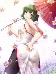 Rule 34 | 1girl, ass, bad id, bad pixiv id, bare shoulders, china dress, chinese clothes, dress, female focus, floral print, flower, green hair, grin, hand on own ass, highres, kazami yuuka, looking back, mochi.f, oil-paper umbrella, pantyhose, petals, raised eyebrow, red eyes, short hair, smile, smirk, solo, touhou, umbrella