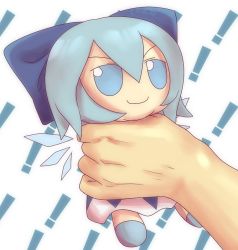 Rule 34 | !, 1girl, 1other, blue eyes, blue hair, bow, cirno, commentary, doll, fumo (doll), hair bow, holding, holding doll, ice, ice wings, skullchimes, smile, touhou, v-shaped eyebrows, wings