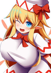 Rule 34 | 1girl, alternate breast size, blonde hair, blue eyes, bow, bowtie, breasts, capelet, dress, fairy, fairy wings, gero zoukin, hat, hat bow, highres, huge breasts, lily white, long hair, oppai loli, pointy ears, red bow, red bowtie, solo, touhou, white capelet, white dress, white hat, wings