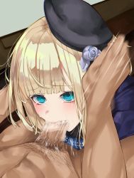 Rule 34 | 1boy, 1girl, beret, black headwear, blonde hair, blue eyes, blunt bangs, blurry eyes, blush, censored, clothed female nude male, commentary request, crying, cum, cum in mouth, deepthroat, ejaculation, fate/grand order, fate (series), fellatio, flower, hands on another&#039;s head, hat, hat flower, hetero, highres, holding another&#039;s head, indoors, irrumatio, looking at another, lord el-melloi ii case files, male pubic hair, mini hat, mosaic censoring, motion blur, nude, oral, penis, pubic hair, reines el-melloi archisorte, solo focus, speed lines, suujiniku, tears, wavy eyes