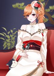 Rule 34 | 1girl, absurdres, animal, animal on lap, arm rest, azur lane, bare shoulders, bow, breasts, cat, center frills, closed mouth, couch, cowboy shot, dress, drill hair, drill ponytail, earrings, flower, frills, hand on own stomach, hat, hat flower, highres, japanese clothes, jewelry, kimono, kimono dress, konparu uran, lips, long hair, long sleeves, medium breasts, mini hat, night, night sky, off shoulder, official alternate costume, on lap, orange hair, red eyes, red flower, red ribbon, red rose, red sash, ribbon, richelieu (azur lane), richelieu (evergreen prophecy) (azur lane), rose, sash, side drill, sitting, sky, solo, star (sky), starry sky, swept bangs, tilted headwear, tree, white hat, white kimono, wide sleeves