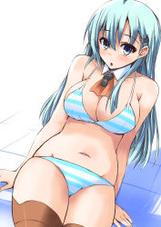Rule 34 | 10s, 1girl, absurdres, aqua eyes, aqua hair, ascot, bikini, blush, breasts, brown thighhighs, cleavage, female focus, hair ornament, hairclip, highres, kantai collection, large breasts, long hair, looking at viewer, navel, open mouth, shadow, shinshin, simple background, sitting, solo, striped bikini, striped clothes, suzuya (kancolle), swimsuit, thighhighs