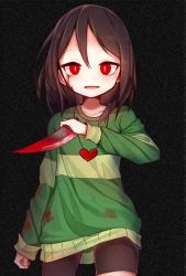 Rule 34 | :d, androgynous, bike shorts, blood, blood on clothes, blood on face, bloody knife, bloody weapon, blush, brown hair, chara (undertale), collarbone, cowboy shot, dagger, darnell, evil smile, fang, gender request, heart, heart necklace, highres, holding, holding weapon, jewelry, knife, necklace, open mouth, pendant, red eyes, reverse grip, shorts, smile, solo, spoilers, static, striped clothes, striped sweater, sweater, undertale, upper body, weapon