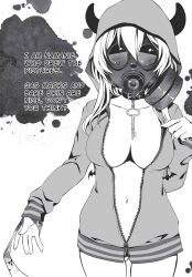Rule 34 | 1girl, blade, blue hair, breasts, collar, collarbone, covered face, faceless, faceless female, gas mask, hands on own chest, hikawa renko, hood, hoodie, horns, jacket, key, large breasts, long hair, mask, midriff, nails, namanie, navel, neck, open clothes, open jacket, psycome, tagme