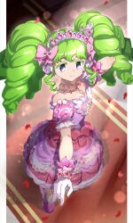 Rule 34 | 1girl, absurdres, anisakisu, bow, closed mouth, colored eyelashes, commentary request, dress, falling petals, falulu, frilled dress, frills, from above, full body, gloves, green hair, grey eyes, hair bow, hand up, headphones, highres, idol, idol clothes, jewelry, long hair, necklace, outstretched arm, petals, pink bow, pink dress, pretty series, pretty series, pripara, puffy short sleeves, puffy sleeves, rose petals, short sleeves, sidelocks, smile, solo, sparkle, standing, tiara, twintails, white gloves