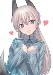 Rule 34 | 1girl, animal ears, blonde hair, blue eyes, breasts, eila ilmatar juutilainen, fox ears, fox tail, hands on own chest, head tilt, heart, highres, long hair, looking at viewer, medium breasts, military, military uniform, nanjyolno, solo, strike witches, tail, uniform, white background, world witches series