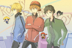 Rule 34 | 3boys, black hair, blonde hair, blue eyes, blue jacket, boomer (ppg), brick (ppg), brothers, butch (ppg), chewing gum, crossed arms, green eyes, green jacket, hand on shoulder, hands in pockets, hat, headphones, jacket, multiple boys, open mouth, orange hair, powerpuff girls, red eyes, red jacket, rowdyruff boys, short hair, siblings, text background, tongue, tongue out