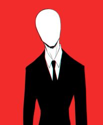 Rule 34 | 1boy, creepypasta, faceless, faceless male, formal, highres, iamghostskull, necktie, pale skin, red background, simple background, slender man, suit