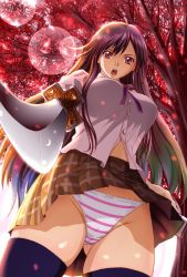 Rule 34 | 1girl, angry, black hair, black thighhighs, bow, bow panties, breasts, brown eyes, brown skirt, heart, holding, holding sword, holding weapon, large breasts, lens flare, long hair, looking at viewer, neck ribbon, open mouth, original, panties, plaid, plaid skirt, purple nails, ribbon, school uniform, sheath, shirt, short sleeves, skirt, standing, striped clothes, striped panties, switch01, sword, teeth, thighhighs, tree, underwear, weapon, white bow, white panties, white shirt, wind, wind lift