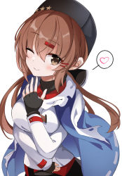 Rule 34 | 1girl, absurdres, anchor necklace, belt, black belt, black bow, black gloves, black hat, black skirt, blue shawl, bow, breasts, brown eyes, brown hair, fathom, fingerless gloves, fur hat, gloves, hair bow, hammer and sickle, hat, heart, highres, jacket, jewelry, kantai collection, long hair, long sleeves, low twintails, medium breasts, necklace, one eye closed, papakha, red shirt, ribbon trim, russian clothes, scarf, shawl, shirt, skirt, solo, star (symbol), tashkent (kancolle), torn clothes, torn scarf, twintails, untucked shirt, white jacket, white scarf
