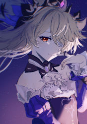 Rule 34 | 1girl, bare shoulders, blonde hair, closed mouth, detached collar, detached sleeves, eyepatch, facing to the side, fischl (ein immernachtstraum) (genshin impact), fischl (genshin impact), frilled sleeves, frills, genshin impact, highres, jewelry, juliet sleeves, long hair, long sleeves, looking at viewer, nagikiho, night, night sky, one eye covered, puffy sleeves, red eyes, ring, sky, smile, solo, star (sky), starry sky, very long hair