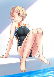 Rule 34 | 1girl, absurdres, ahoge, arm support, blonde hair, blush, breasts, brown eyes, collarbone, competition swimsuit, head tilt, highres, kuri (kurigohan), large breasts, legs, looking at viewer, mizuno (brand), one-piece swimsuit, original, pool, poolside, shadow, short hair, simple background, sitting, solo, swimsuit, toes, water, wet