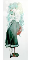 Rule 34 | 1girl, :o, absurdres, aqua eyes, aqua hair, black footwear, black skirt, blurry, bow, collared shirt, cupcake, food, full body, green eyes, hair between eyes, hair bow, hatsune miku, highres, holding, holding food, long hair, long skirt, long sleeves, looking at viewer, nakko (7nt5ta), neck ribbon, open mouth, ribbon, shirt, shoes, simple background, sitting, skirt, solo, stool, twintails, very long hair, vocaloid, white background, white shirt