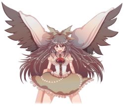 Rule 34 | 1girl, arm cannon, bad id, bad pixiv id, black hair, black wings, bow, brown eyes, cape, cream (nipakupa), female focus, hair bow, long hair, looking at viewer, open mouth, puffy sleeves, reiuji utsuho, shirt, short hair, simple background, skirt, solo, third eye, touhou, very long hair, weapon, white background, wings