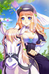 Rule 34 | 1girl, blonde hair, blue eyes, blush, breasts, cat shi, choker, cleavage, day, dress, flower, hat, holding, horse, horseback riding, large breasts, lowres, open mouth, outdoors, parted lips, riding, rose, rose pacifica, sitting, smile, solo, sword girls, top hat, veil