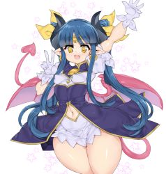 Rule 34 | 1girl, bat wings, blue hair, breasts, circlet, demon tail, earrings, fang, gloves, jewelry, jiz, navel, open mouth, pointy ears, puffy sleeves, ruruie (shinrabanshou), shinrabanshou, shiny skin, short sleeves, small breasts, solo, tail, thighs, v, white background, wings, yellow eyes