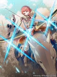 Rule 34 | 1girl, 40hara, armor, arrow (projectile), blue sky, bow (weapon), company name, copyright name, day, female focus, fingerless gloves, fire emblem, fire emblem: three houses, fire emblem cipher, gloves, helmet, highres, holding, holding bow (weapon), holding weapon, horse, horseback riding, leonie pinelli, matching hair/eyes, nintendo, official art, open mouth, orange eyes, orange hair, outdoors, riding, sky, solo focus, weapon
