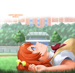 Rule 34 | 1girl, artist name, artist request, blouse, blue eyes, blush, bow, breasts, building, collared shirt, female focus, from side, glasses, hair between eyes, highres, jyon, kosaka honoka, looking at viewer, looking up, love live!, love live! school idol project, medium breasts, orange hair, otonokizaka school uniform, outdoors, parted lips, red bow, red neckwear, school uniform, shirt, side ponytail, smile, solo, striped, striped bow, tree, vest, white shirt, yellow bow, yellow vest
