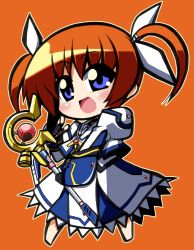 Rule 34 | 10s, 1girl, bad id, bad pixiv id, bow, brown hair, chibi, hair ribbon, highres, lyrical nanoha, mahou shoujo lyrical nanoha, mahou shoujo lyrical nanoha the movie 1st, raising heart, raising heart (device mode) (1st), ribbon, short twintails, shun ss, solo, staff, takamachi nanoha, takamachi nanoha (movie 1st mode), transparent background, twintails, wings