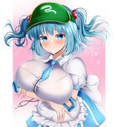 Rule 34 | 1girl, absurdres, arms under breasts, blue eyes, blue hair, blush, breasts, closed mouth, crossed arms, green hat, hair bobbles, hair ornament, hat, highres, huge breasts, kawashiro nitori, key, looking at viewer, mountain of faith, musi tino, short hair, smile, solo, standing, touhou, two side up, visor cap